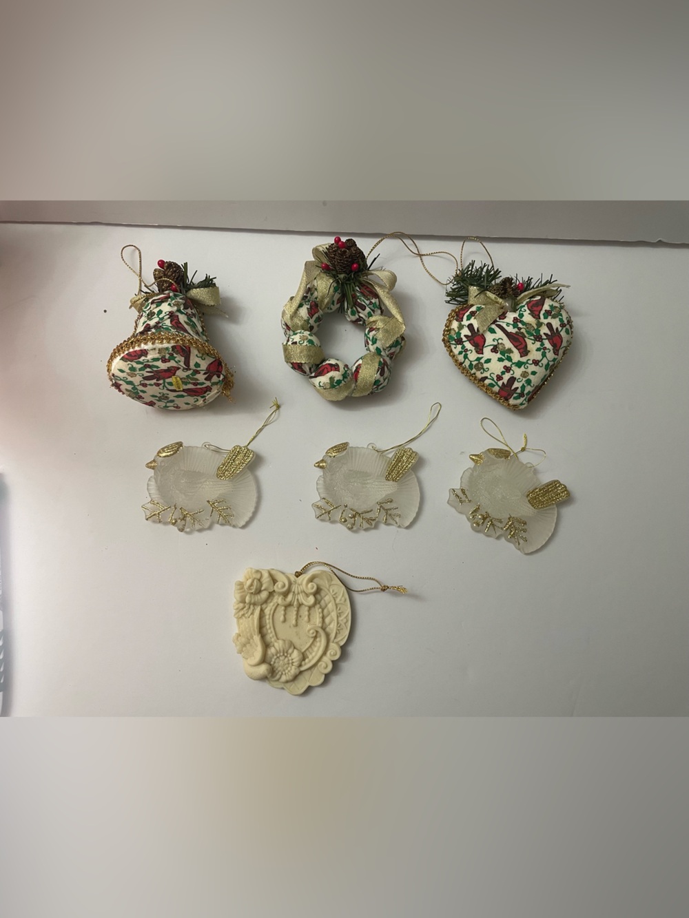 Vintage Christmas Ornament Lot Cardinal Bird Glitter Heart Bell